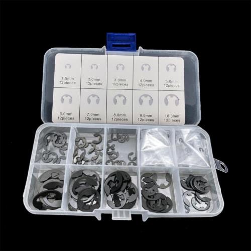 E-type snap rings, set of 120, M1.5-M10, manganese steel, for repairs and securing parts, durable, oil-resistant