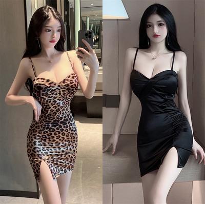 Sexy Tight V-neck Leopard Print Suspender Dress Women's Summer New Spice Girl Hip Skirt