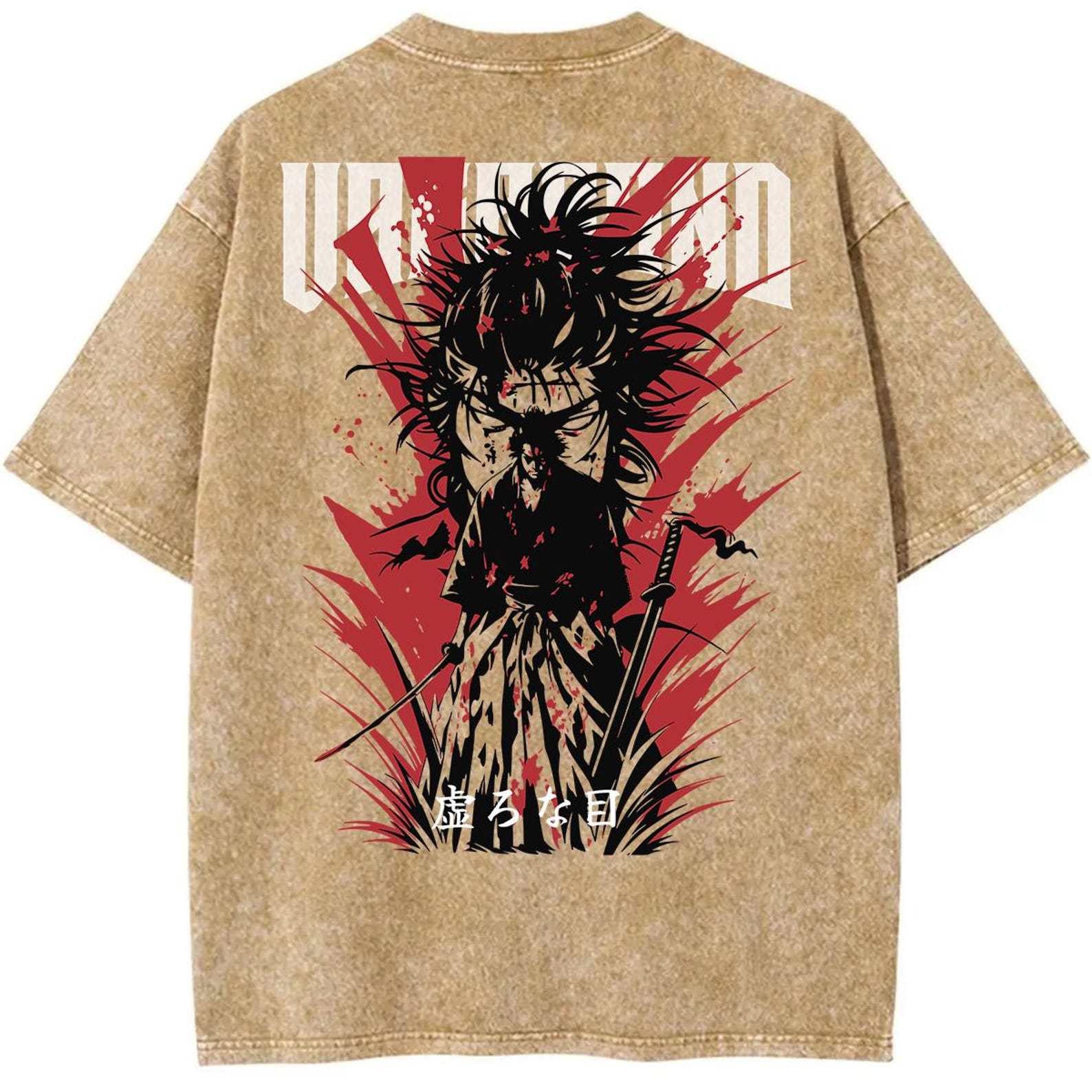 Miyamoto Musashi Vagabond Shirt, Samurai Manga Graphic Tee, Vintage Anime Rap T-Shirt, Dark Aesthetic Grunge Y2K Clothing Khaki 2XL