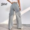 Loose Leg Trousers Women Cargo Pants Elastic High Waist Adjustable Drawstring Long Wide-leg with Multi Pockets Wide Design Solid Color Casual
