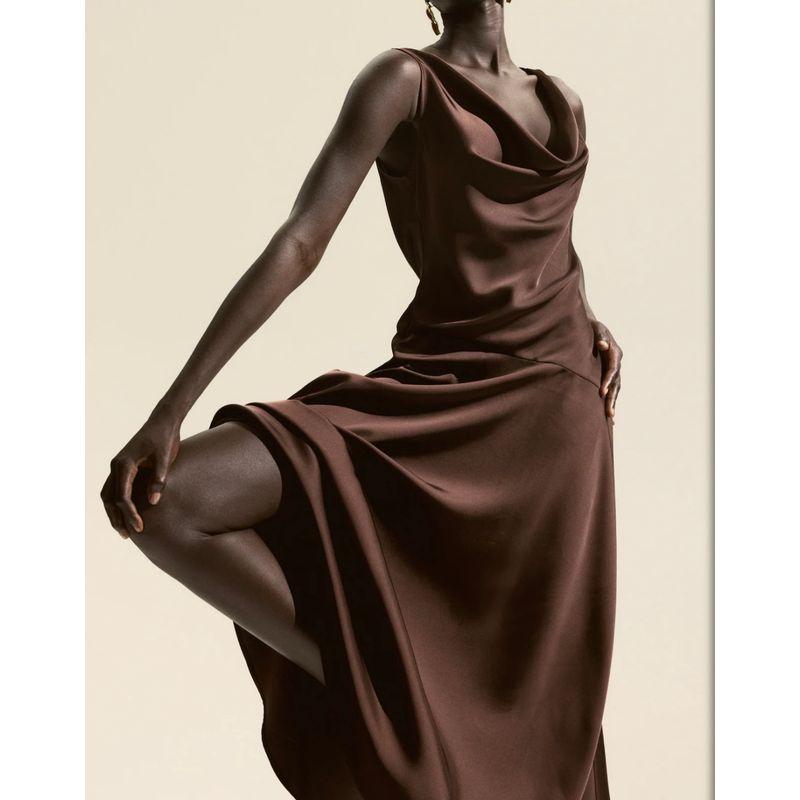 

French style Aura H Home Pile Style Swing Collar Tight Figure Smooth Satin Waist Hugging Dress Birthday Party Formal Dress Coffee L