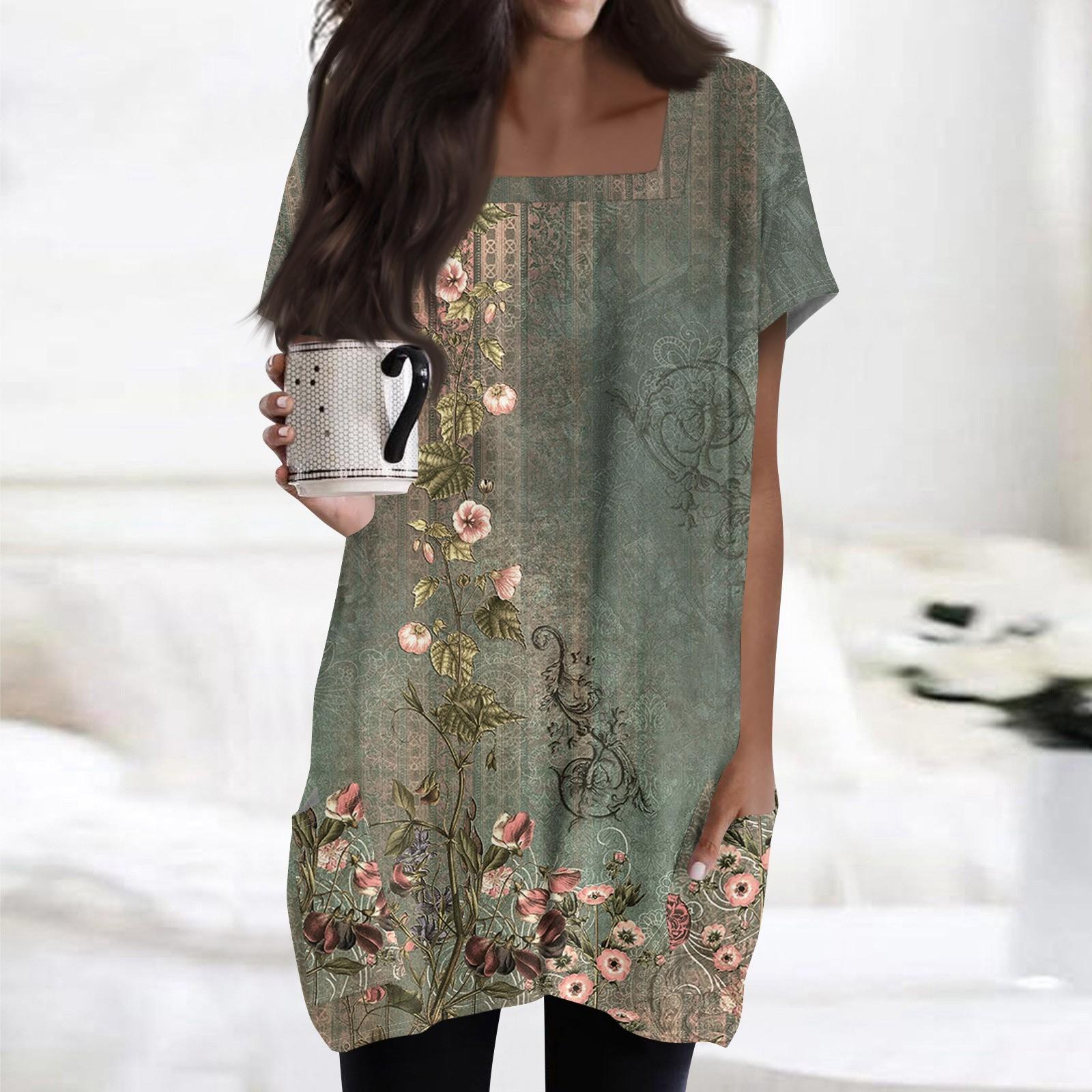 

Женские топы с квадратным воротником, короткие рукава, блузки, повседневные рубашки средней длины, модные туники с принтом и карманами M