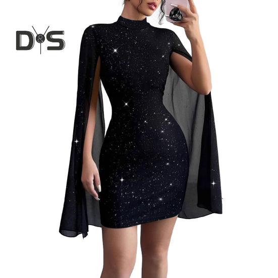 

Женское платье с рукавами-накидкой, облегающее мини-платье с воротником-стойкой, сексуальное блестящее шифоновое коктейльное платье с рукавами-накидкой для свадебного вечера S чёрный