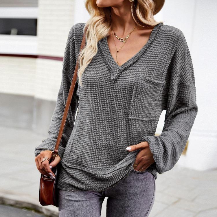 Autumn Winter Women Solid Color V Neck Knit Sweater Long Sleeve Top