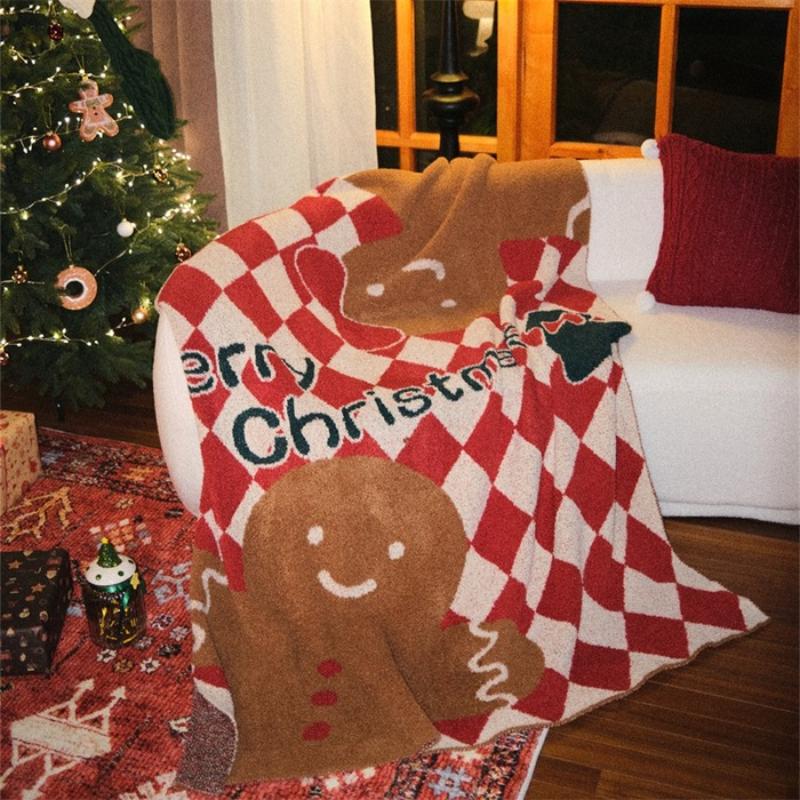 2025 New Half Fleece Sofa Blanket Christmas Atmosphere Warm Autumn Winter Holiday Decoration Gingerbread Wish Design
