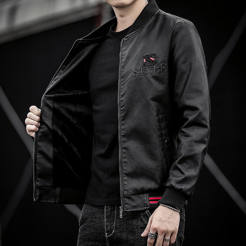 Herbst und Winter Neue Herren Slim Fit Lederjacke Baseball Kragen Dünne Fleece Jugend Motorrad Herren PU Jacke