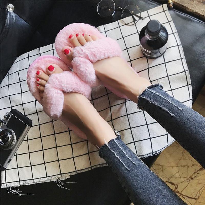 Autumn Winter Women Home Slippers Fashion Soft Furry Flats Slippers Faux Fur Women Warm Shoes Indoor Female Flip Flops WSH3747