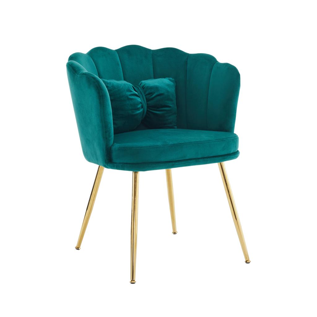 Moderner Samt-Wohnzimmer-Sessel, Polsterstuhl mit Blütenrückenlehne und vergoldeten Metallbeinen und Schmetterlingskissen für Schlafzimmer/Esszimmer