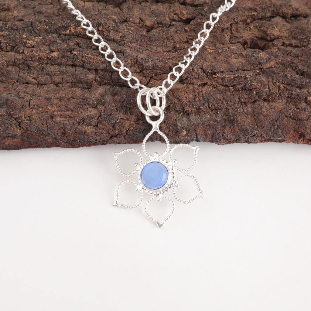 Dark Blue Cat'S Eye Gemstone 925 Sterling Silver Friend Gift Birthday Pendant PP-18-43