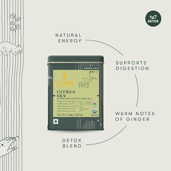 Luxmi Estates Citrus Sky Lemongrass Ginger Green Tea - 100gm Tin Loose Leaf | Certified Organic Darjeeling | Natural Lemon Balm Tea