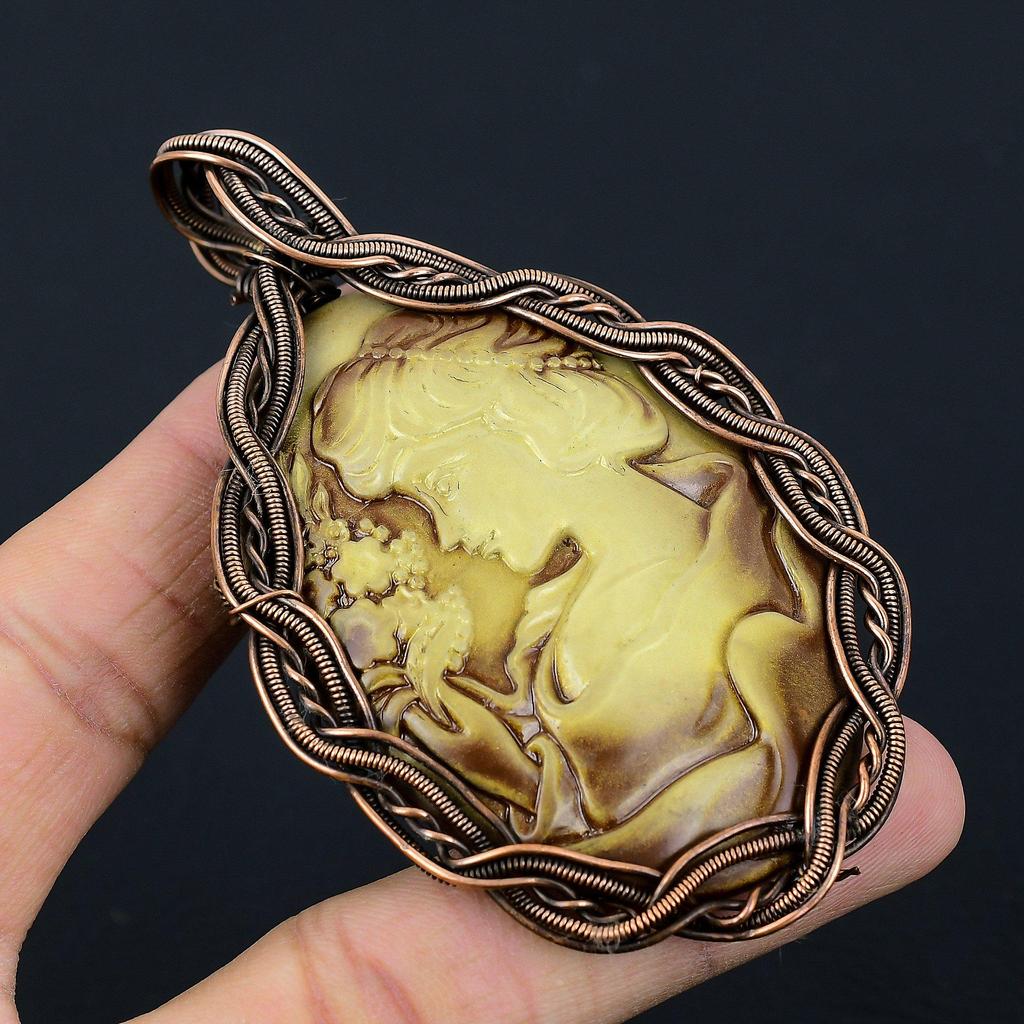 Cameo Lady Craved Face Gemstone Copper Wire Wrap Handmade Pendant Jewelry Gift