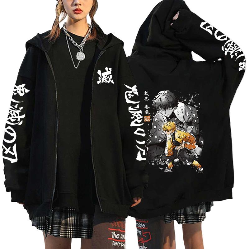 Women's Japanese Retro High Quality Hoodie Harajuku Anime Demon Slayer Printed Zipper Sweatshirt Outerwear Spring Loose Jacket