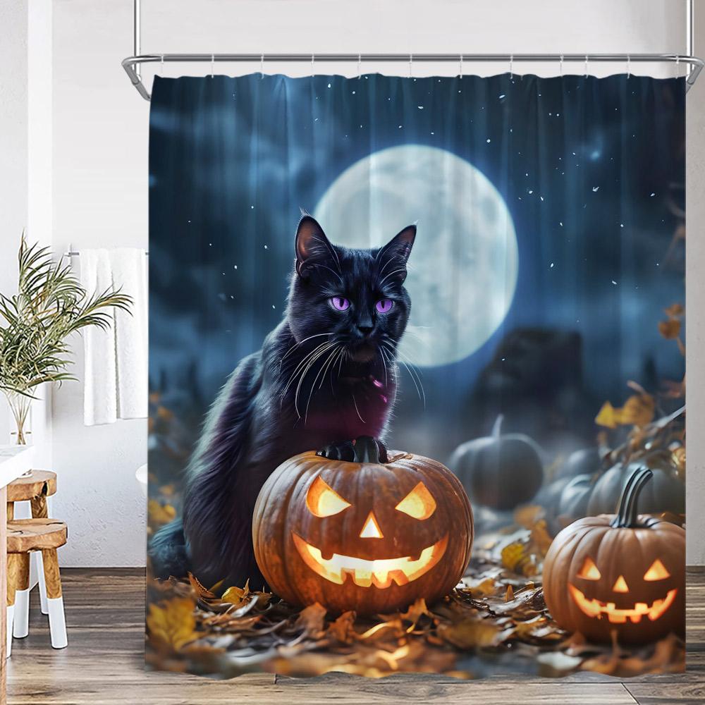 Black Witch Cat Halloween Shower Curtain Full Moon Horror Night Evil Pumpkin Graveyard Bathroom Decor Polyester Bathtub Curtain