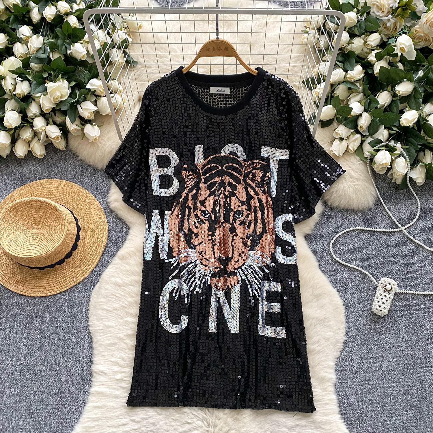 

Платье с коротким рукавом и круглым вырезом, женское летнее, с пайетками тяжелой промышленности, свободное, уличное, легкое, зрелое, темперамент королевской сестры, средней длины one size чёрный