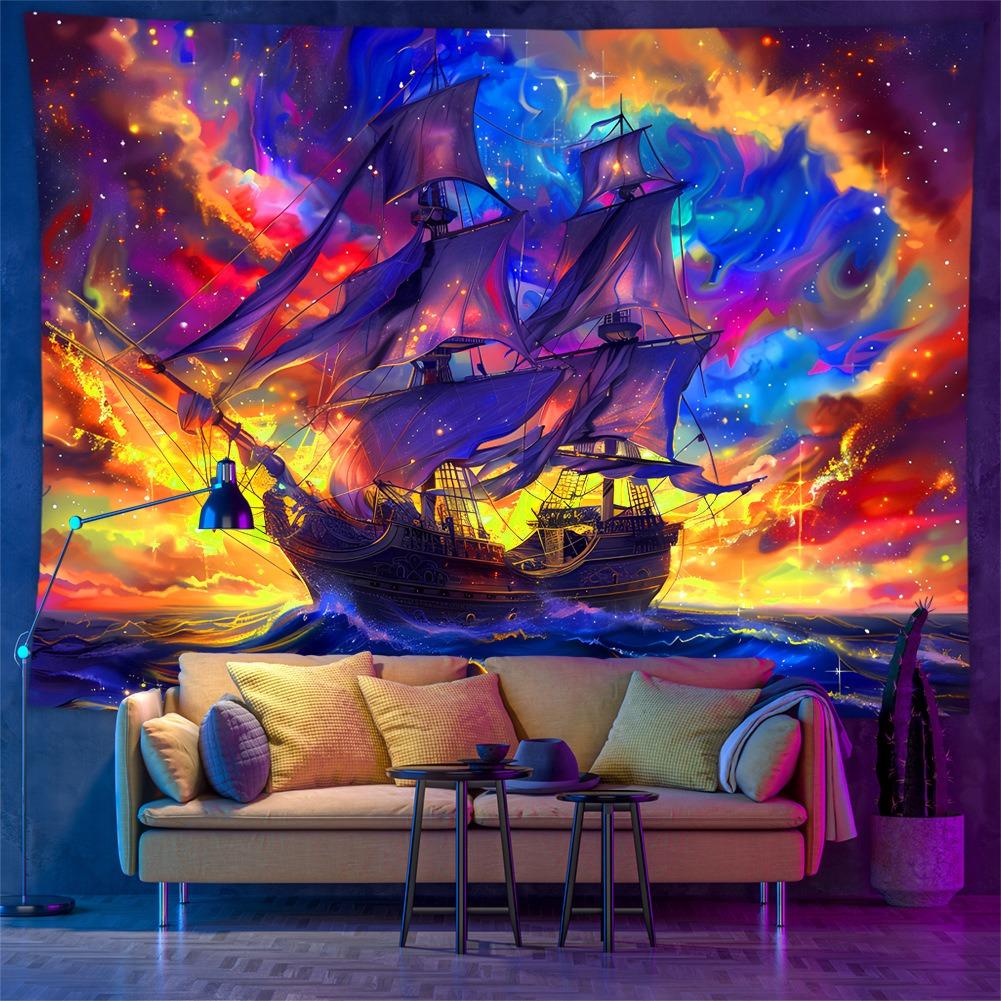 UV Reactive Blacklight Tapestry Fantasy Pirate Ship 2D Flat Printed Colorful Nebula Galaxy Starry Sky Wall Hanging Peach Skin