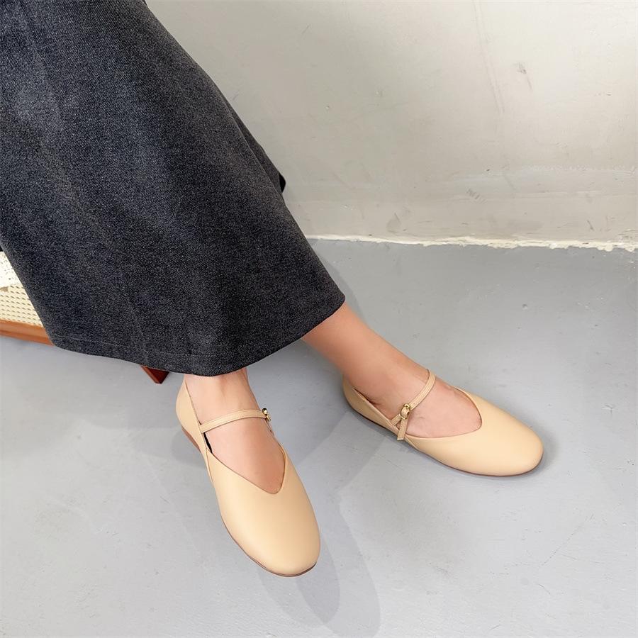 Johnature Handmade Genuine Leather Women's Shoes Retro Round Toe Soft Soled Belt Buckle Flat Shoes