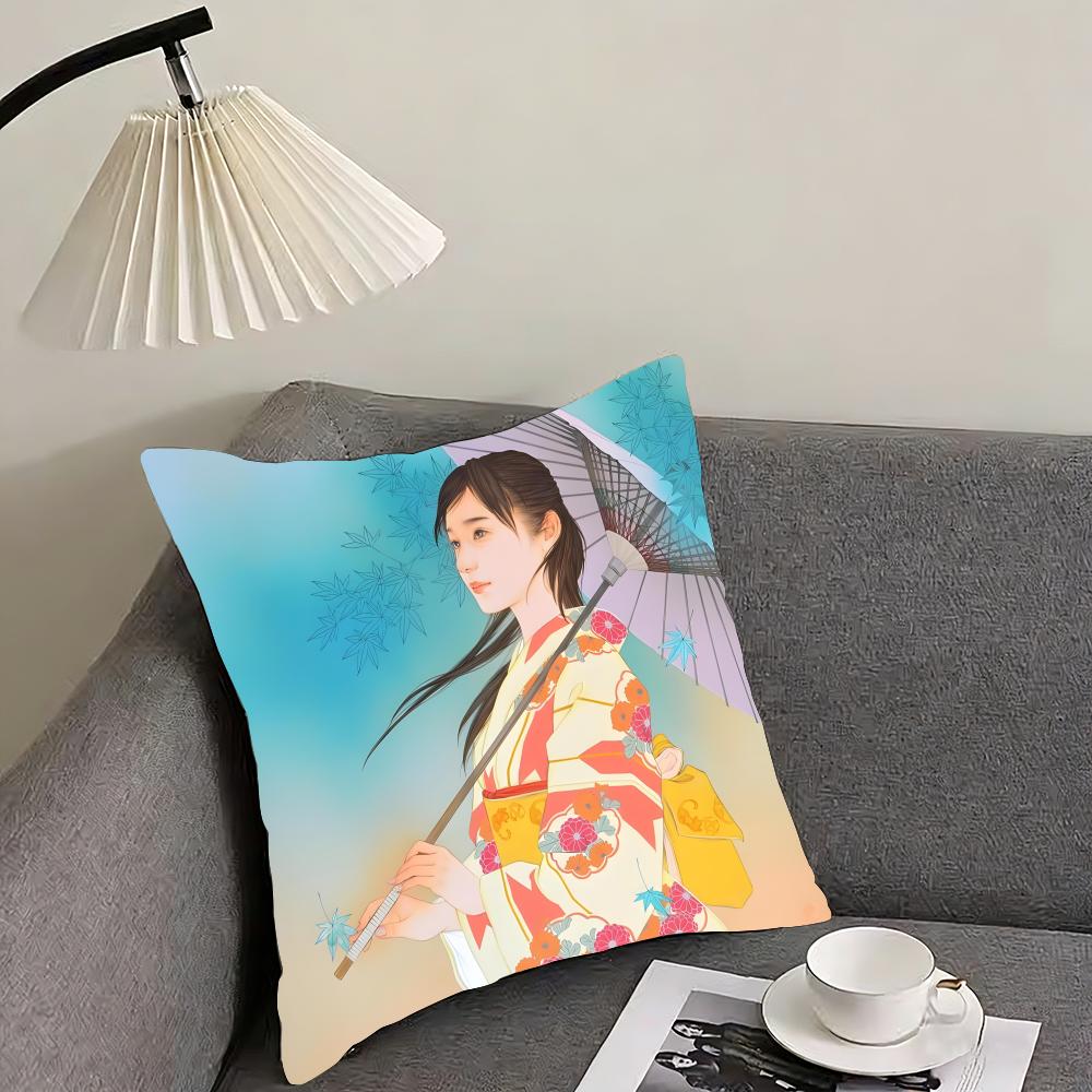 Kimono Girl Japanese Style Cushion Cover Pillowcase Ultra Soft Skin Friendly Fabric Cloud Like Comfort Concealed Zipper