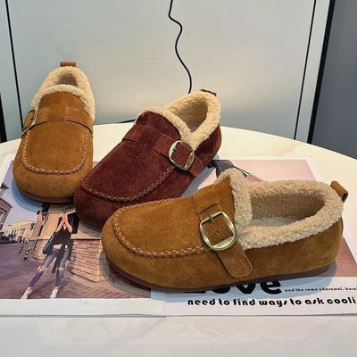 Leder Samt Birkenstocks Damen 2025 Herbst und Winter Neu Retro Ein-Riemen Lammwolle Warm Bohnen Baumwollschuhe Außen