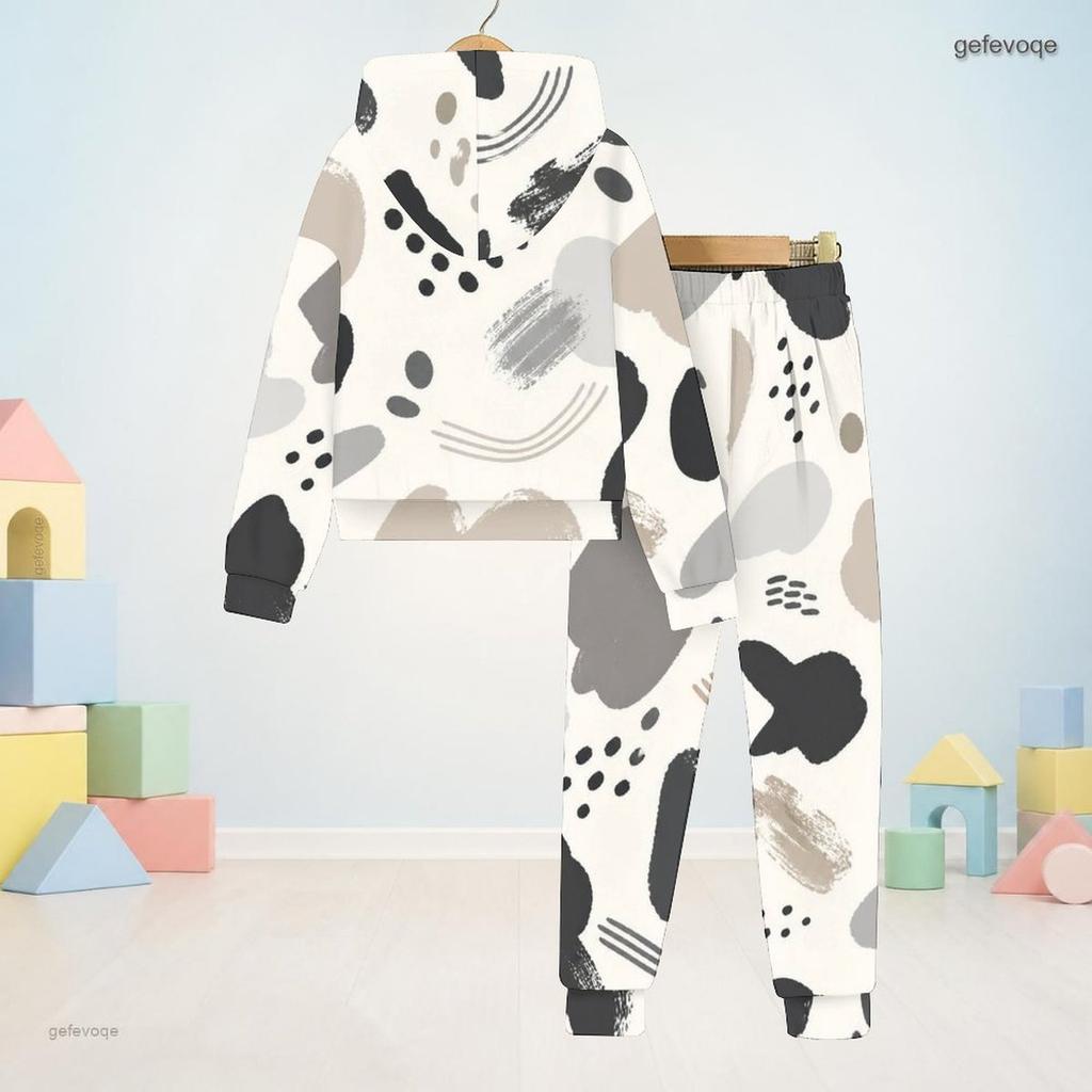 Boys Girls Abstract Printed Hooded Long Sleeve Sweatshirt And Cuffed Pants Two Piece Set