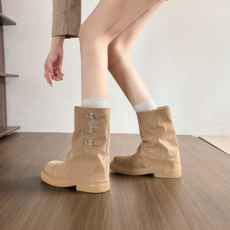 Cowhide Version Punk Thick-soled Western Cowboy Boots Belt Buckle Thick Heel Trouser Tube Boots Spice Girl Versatile Short Martin Boots