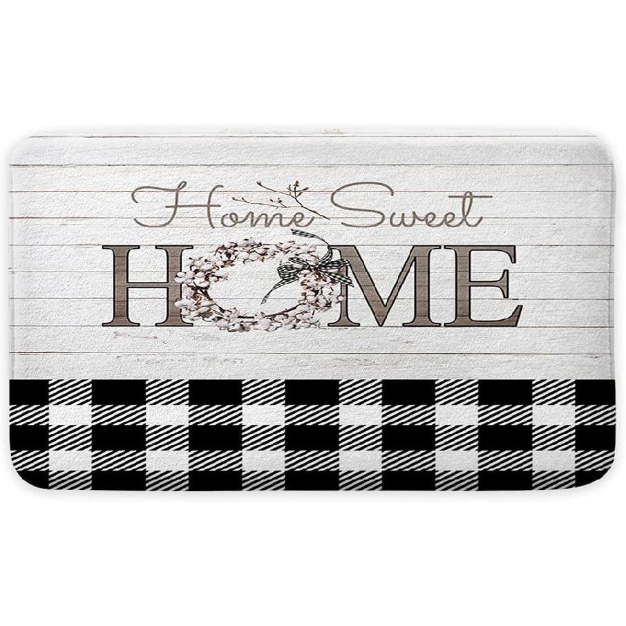 Black White Buffalo Check Plaid Door Rug Mats, Rustic Home Sweet Home Floral Wood Plank Floor Mat, Indoor Outdoor Entrance Bathroom Doormat, Home