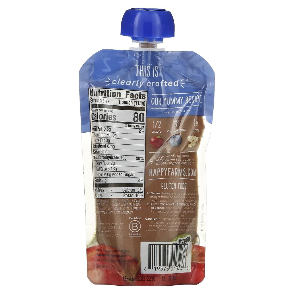 Happy Family Organics Organic Baby Food, Stage 2, 6+ Months, Apple, Blueberry, Oats, 4 Oz (113 G)