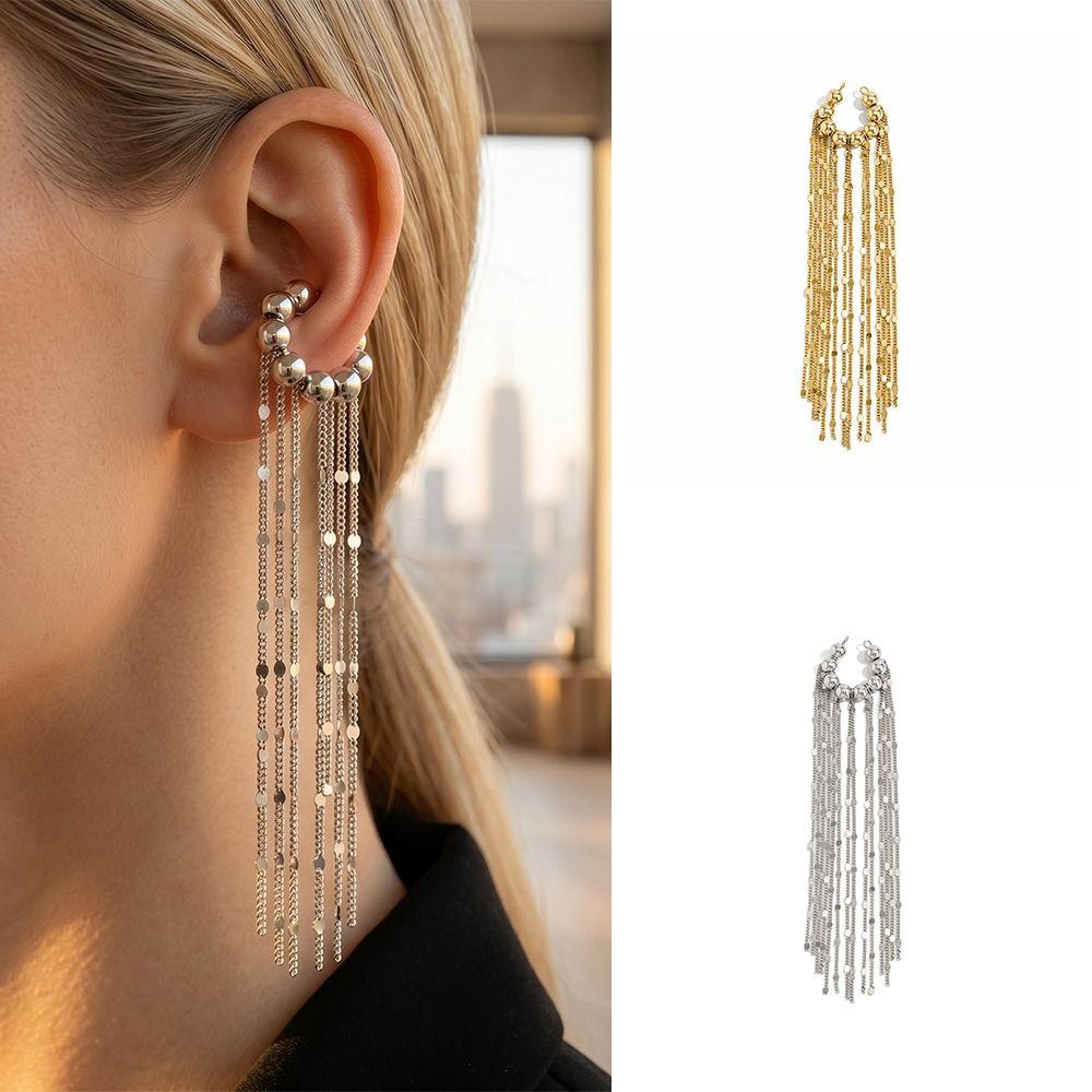 Beads Tassel Ear Clip Long Chain Ear Buckle Personality No Piercing Earrings Gift