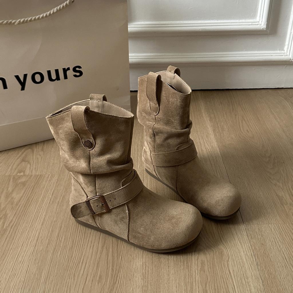 Maillard khaki retro flat bottom inner heightening stack boots women's 2025 new autumn with skirt Birkenstock short boots