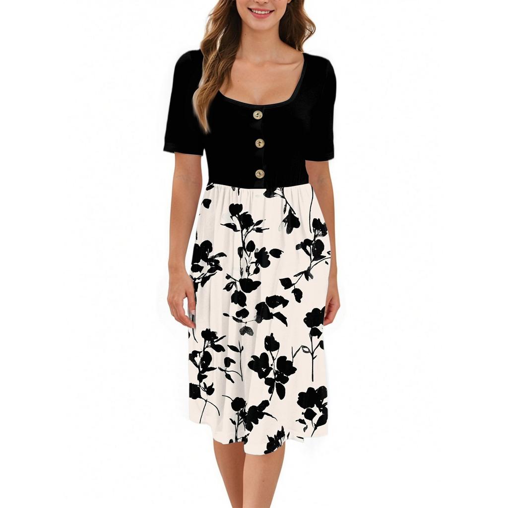 Fashion Women Summer Vintage Floral Dress Elegant Short Sleeve Midi Dress