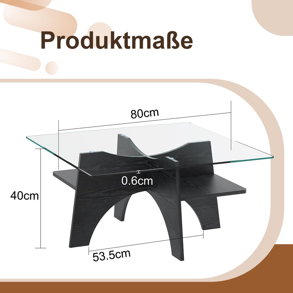 Modern Square Side Table Made of Safety Glass - 80 cm Side Length. Table Legs Made of MDF with Black Wood Look. Ideal for Dining Room, Office etc.