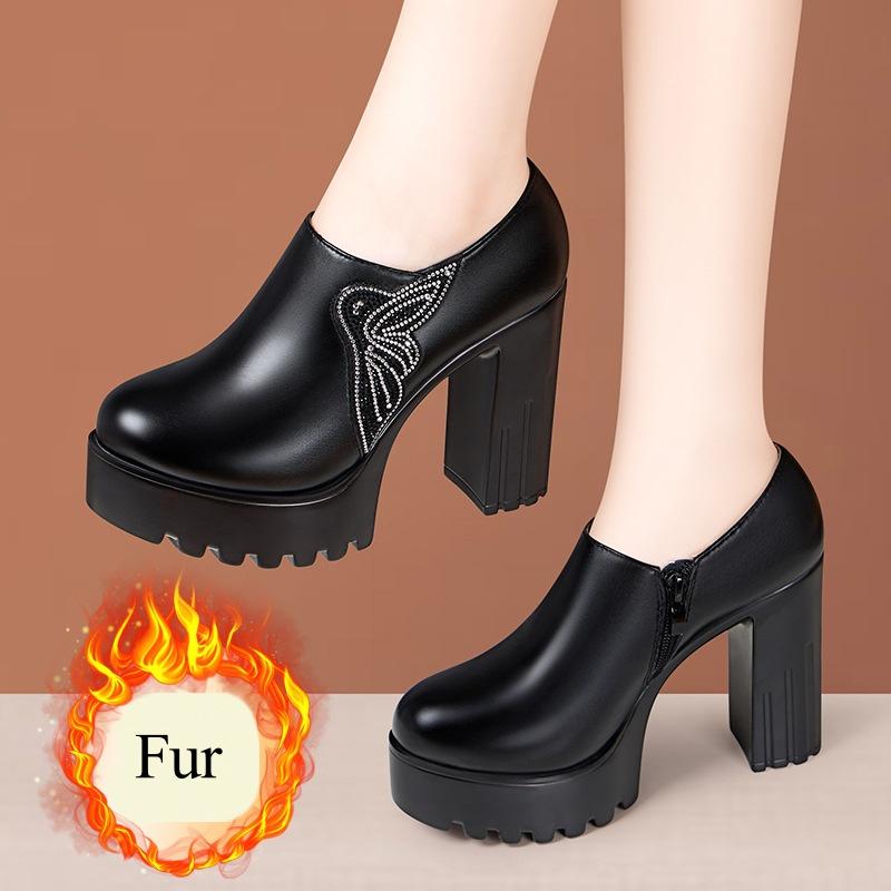 

Элегантные туфли из мягкой кожи 10 см Женские оксфорды с глубоким вырезом Осень-Зима 2025 Туфли на высоком блочном каблуке Туфли-лодочки на платформе Офисная модель 39