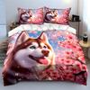 Adorable Red Husky With Cherry Blossoms 3Pcs Bedding Set Soft Microfiber Bedding Set For Dog Lovers & Spring Vibe Bedroom Decor