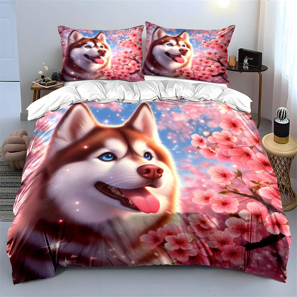 Adorable Red Husky With Cherry Blossoms 3Pcs Bedding Set Soft Microfiber Bedding Set For Dog Lovers & Spring Vibe Bedroom Decor