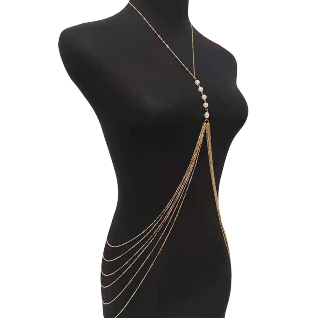 Fringed Pearl Chest Chain for Party Adult Women Shoulder Chain Necklace Eye Catching Body Chain Beach Party Body Jewelry