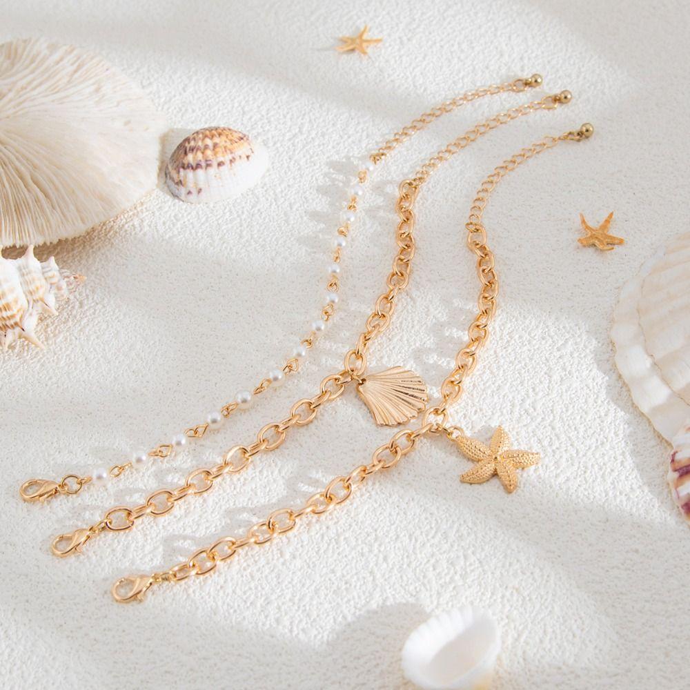 Starfish Shell Multilayer Necklace Mulitlayer Pearl Beaded Necklace Clavicle Chain Women  Beach