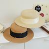 French Top Hat Flat Top Straw Hat Women's High-end Straw Hat Pearl Ribbon, Outdoor Straw Hat Seaside Beach Hat Women
