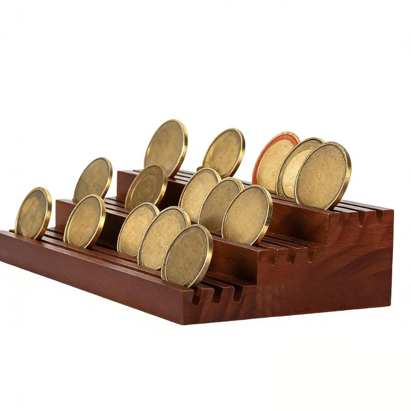 Secure Wood Coin Collection Display Stand Trapezoid Multi Layer with Stable Base for Family Safe Environments