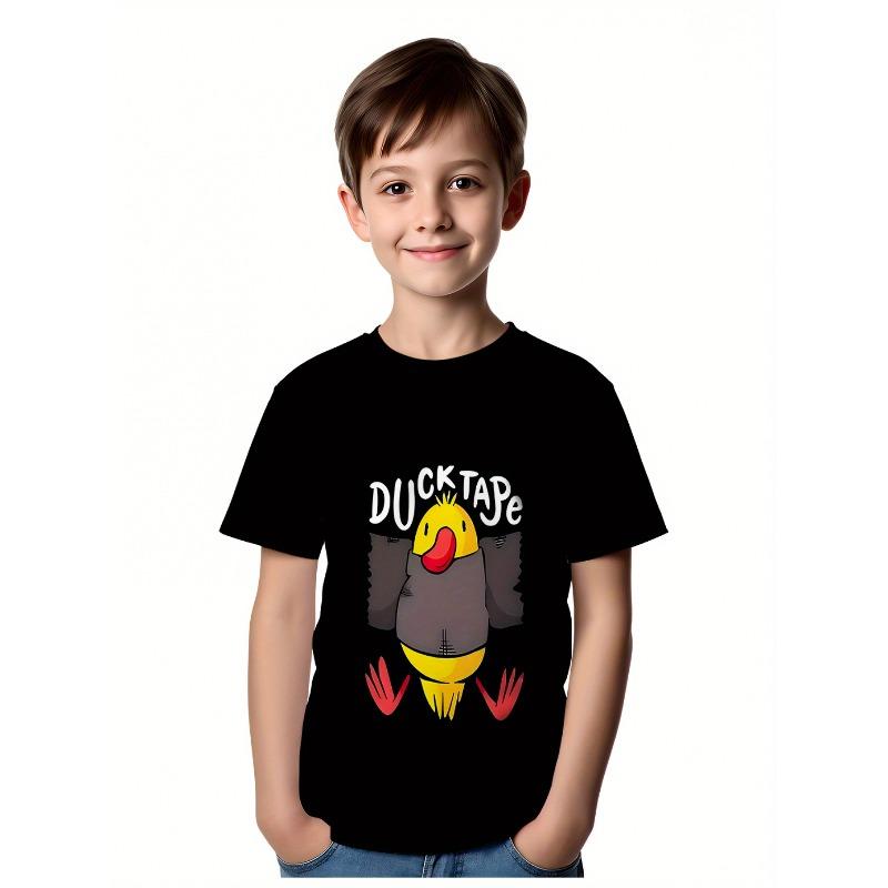 

European sizes Cartoon Duck Pattern T-Shirt - Black with Red And Yellow Prints, Breathable Summer Casual Round-Neck Top 98cm чёрный