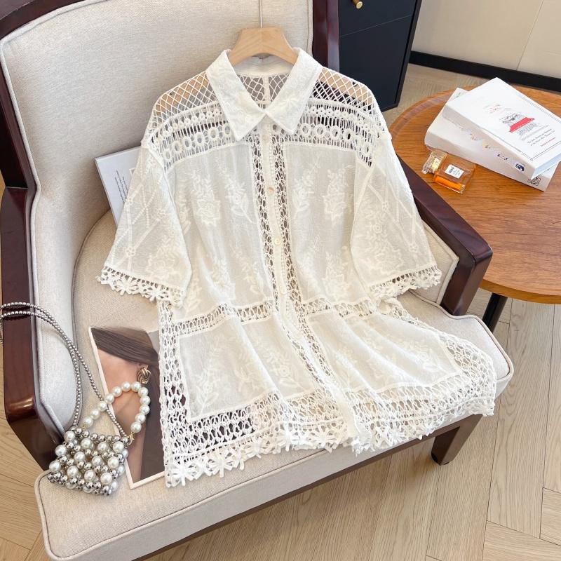 

DIMANAF 2025 Новая Летняя Рубашка на Пуговицах Женская Кружевная Блузка Вышивка Короткий Рукав Модные Топы Футболки Повседневные Свободные Футболки One Size белый