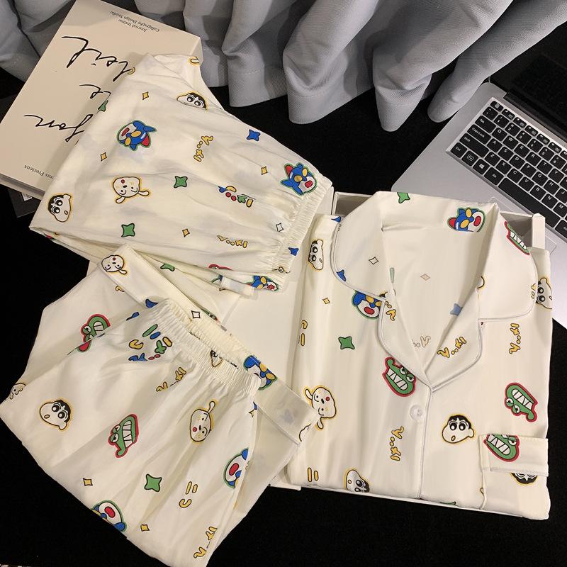 Crayon Xiaoxin Same Pajamas Women's Thin Summer Short-sleeved Three-piece Set Cotton Large Size Loose Women's Loungewear Set