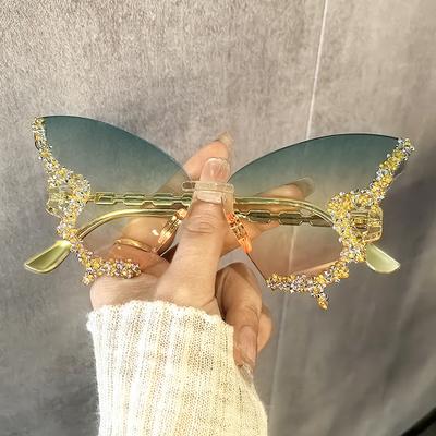 Butterfly Shaped Diamond Studded Sunglasses Frameless Sun Glasses For Women'S Parties Dances And Fashion Shows Glasses