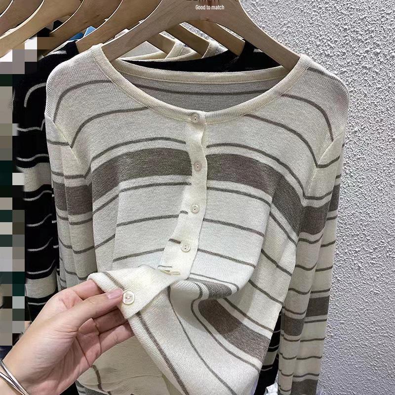 Women's Korean Striped Knit Cardigan - Loose, Thin, Long Sleeve, Round Neck, Spring/Autumn Fashion
