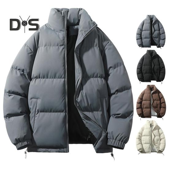 Women Men Cotton Coat Stand Collar Long Sleeve Drawstring Hem Puffer Jacket with Pockets Loose Fit Warm Winter Outerwear
