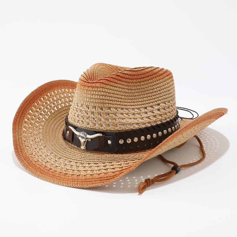 Spray painted denim straw hat, new western summer men's and women's sun hat, jazz hat, sun protection hat, big-brimmed ox head straw hat