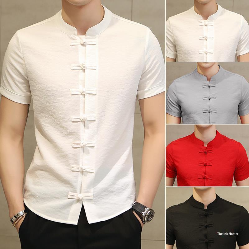 Men's Chinese Style Short Sleeve Tang Suit - Black Zhongshan Slim Fit Shirt