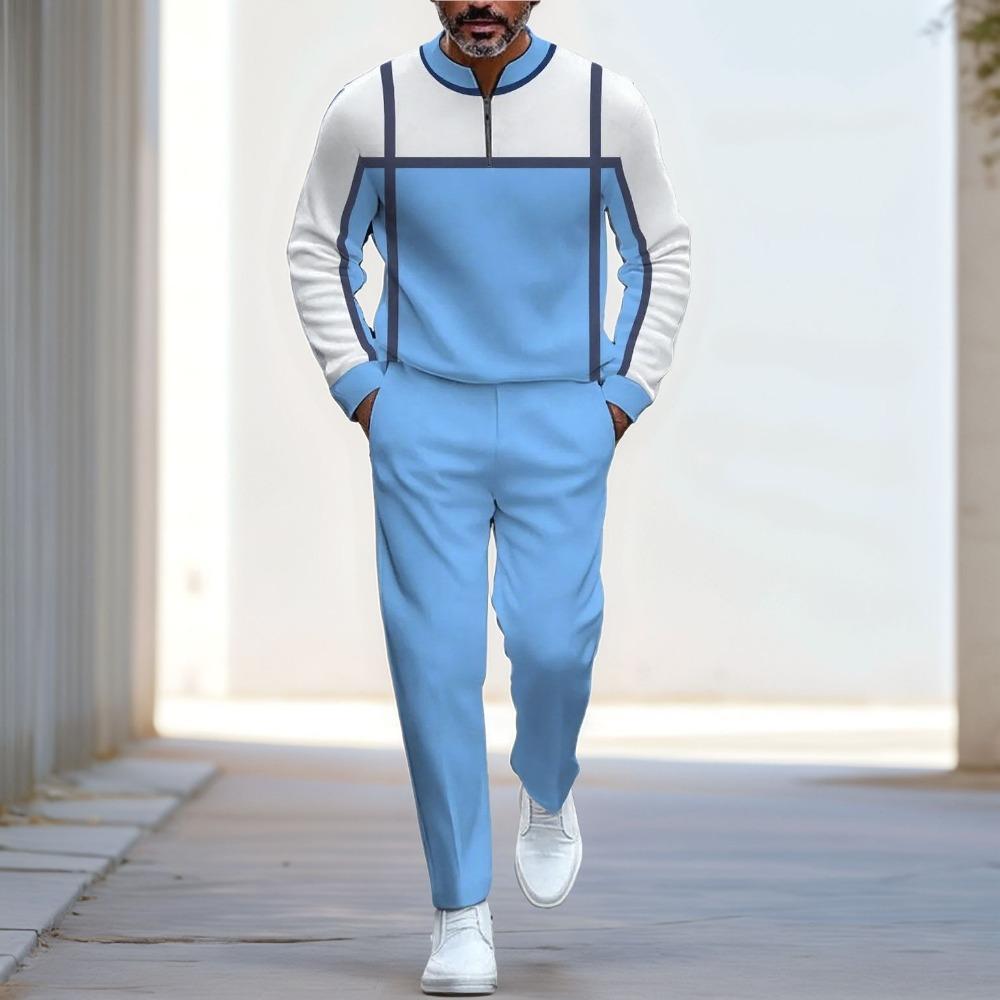 Spring Autumn 3D Printed Fashion Men's Long-Sleeved Sets Half-Zipper Stand-Up Collar Men's Casual Sportswear Two-Piece set