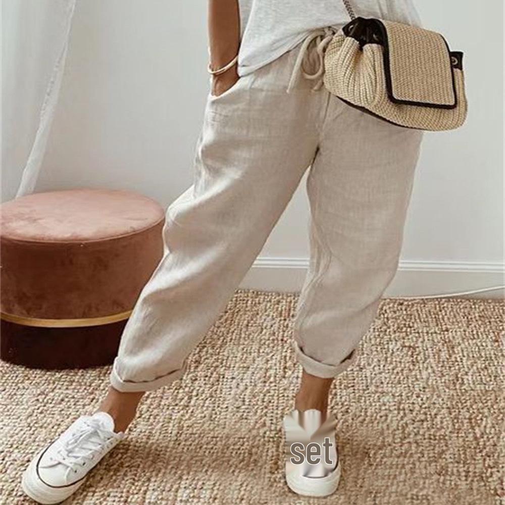 2024 European & American Style Print Cotton Linen Casual Pocket Long Pants