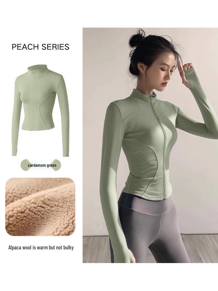 Women's Plush Slim Fit Zipper Yoga Jacket - Thickened, Elastic Long Sleeve, Stand Collar, Warm Autumn & Winter Top