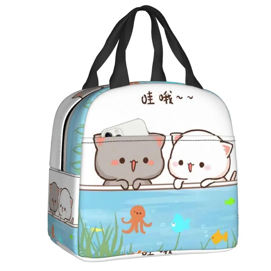 Peach and Goma Insulated Lunch Bags for Work School Picnic Cartoon Mochi Cat Leakproof Cooler Thermal Lunch Box for Women Kids
