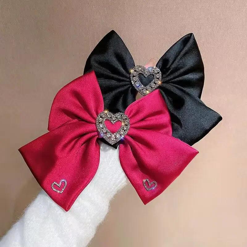 New Fabric Bow Hair Clips Crystal Heart-shaped Spring Clip Hairpins for Women Barrettes Korean Headpiece Girls Hair Accessories